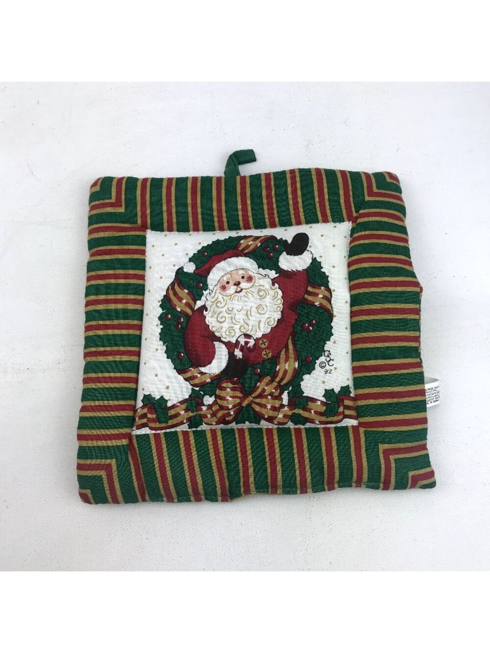 Christmas Santa Potholder Wreath Green Red Striped Border 1992 Vintage Décor